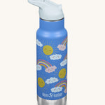 A Kid Kanteen 12oz Insulated Flip Seal Sport Cap Bottle. A blue stainless steel bottle with a rainbow print. 