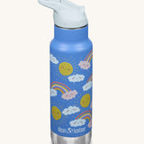 A Kid Kanteen 12oz Insulated Flip Seal Sport Cap Bottle. A blue stainless steel bottle with a rainbow print. 