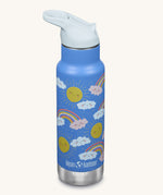 A Kid Kanteen 12oz Insulated Flip Seal Sport Cap Bottle. A blue stainless steel bottle with a rainbow print. 