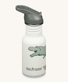 A Dino Skate white coloured Kid Kanteen 12oz Narrow Flip Seal Sport Cap Water Bottle.