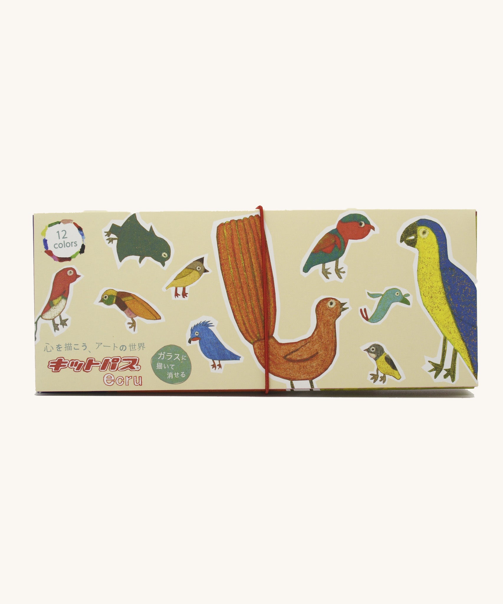 The box for the Kitpas 12-pack of rice bran wax crayons in collaboration with Ecru. It has drawings of little birds all over.