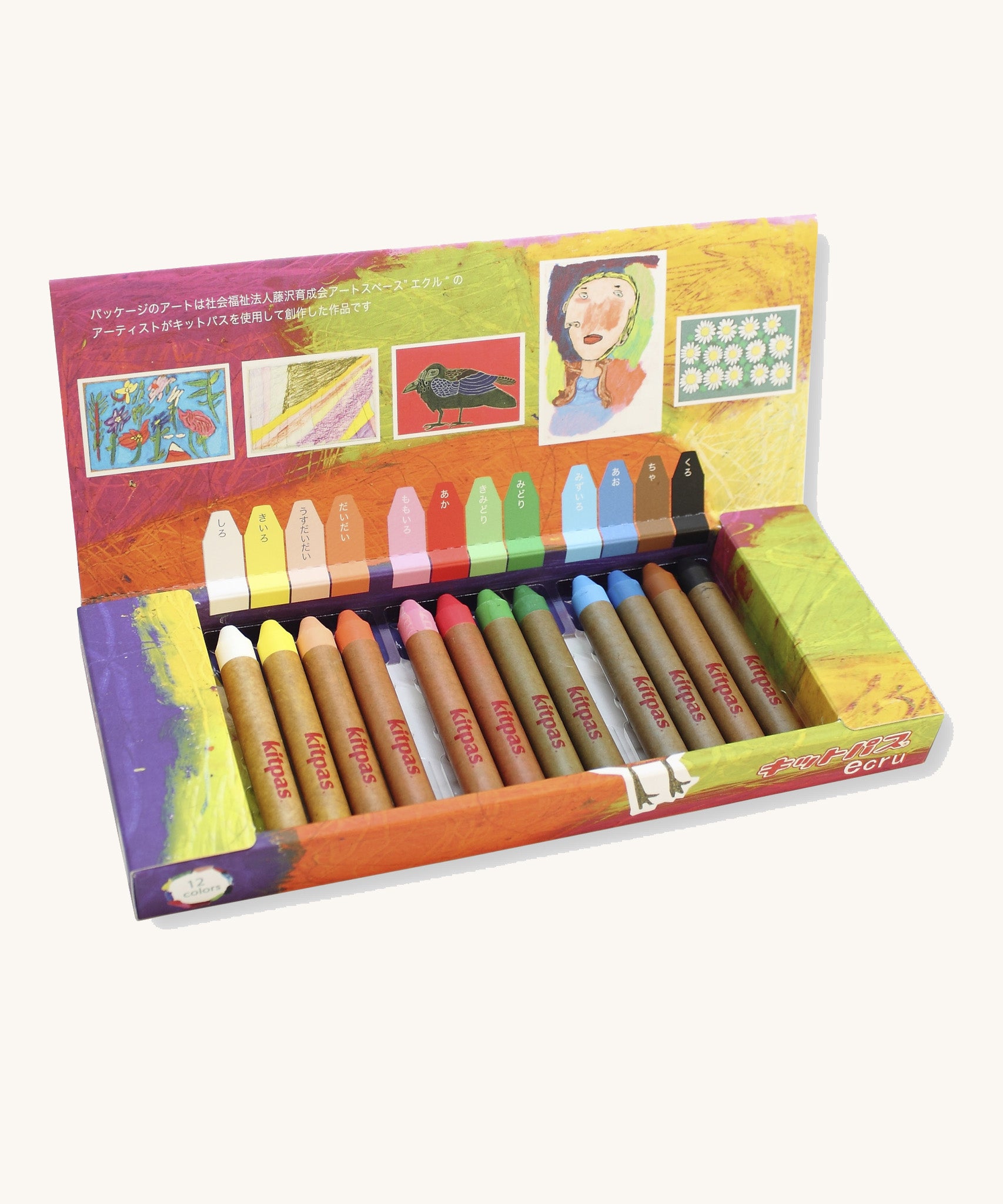 The Kitpas rice bran wax crayons in 12 colours, inspired by art from Ecru.