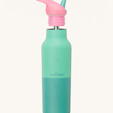 Klean Kanteen 16oz rise insulated classic with sports cap in bay kaleidoscope. A reusable stainless steel bottle in light and dark turquoise colour. Comes with a flip sports straw cap in light pink and turquoise. 