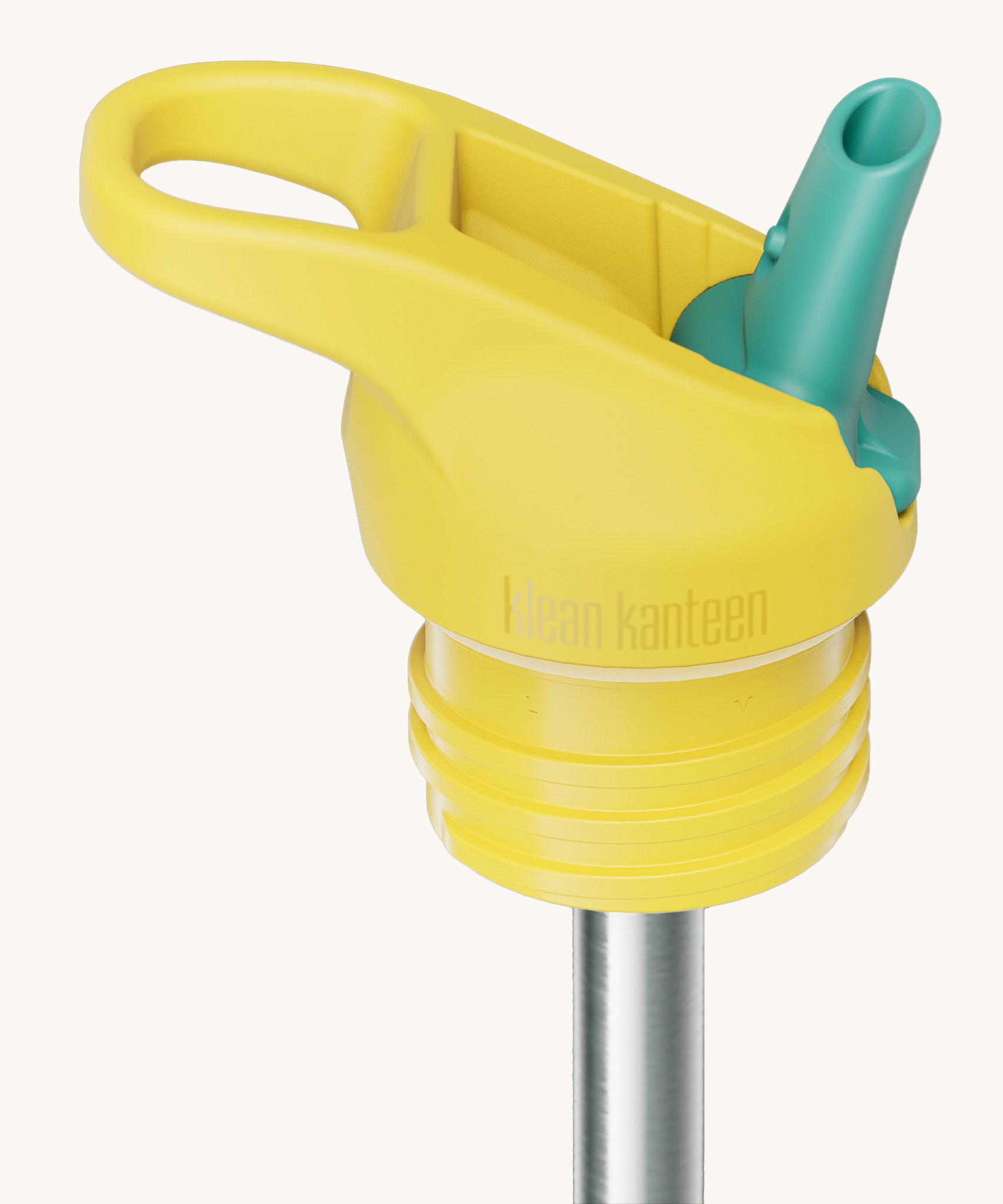 A close up of the Klean Kanteen yellow and turquoise flip sports straw cap for the rise insulated bottle showing the turquoise spout and small loop detail. 
