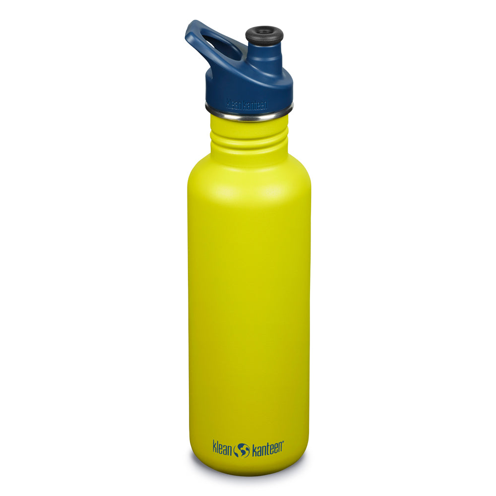 Klean Kanteen 27oz green apple steel reusable water bottle on a white background