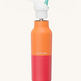 Klean Kanteen 16oz rise insulated classic with sports cap in marigold kaleidoscope. A reusable stainless steel bottle in orange and red colour. Comes with a flip sports straw cap in white and turquoise. 