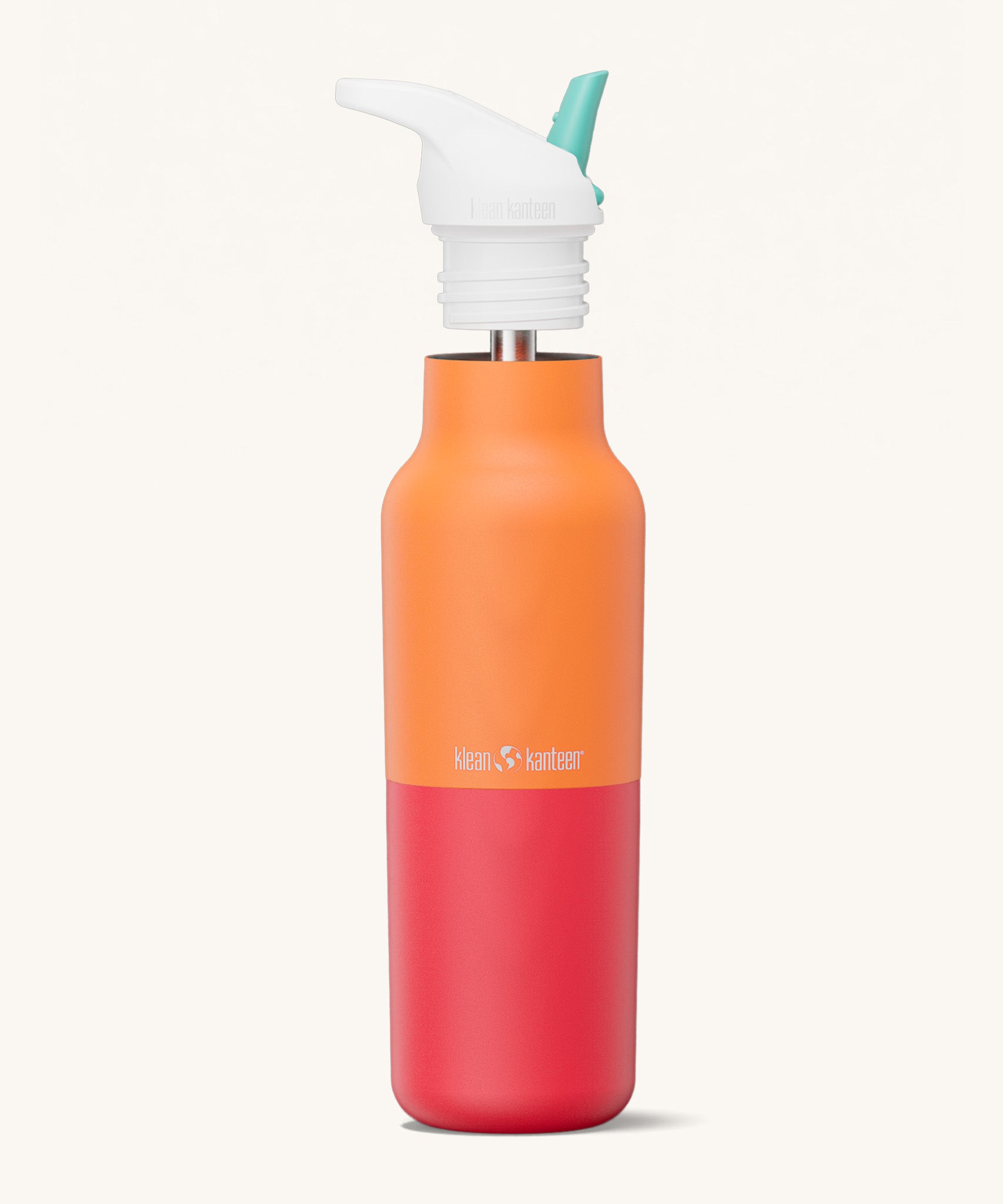 Klean Kanteen 16oz rise insulated classic with sports cap in marigold kaleidoscope. A reusable stainless steel bottle in orange and red colour. Comes with a flip sports straw cap in white and turquoise. 