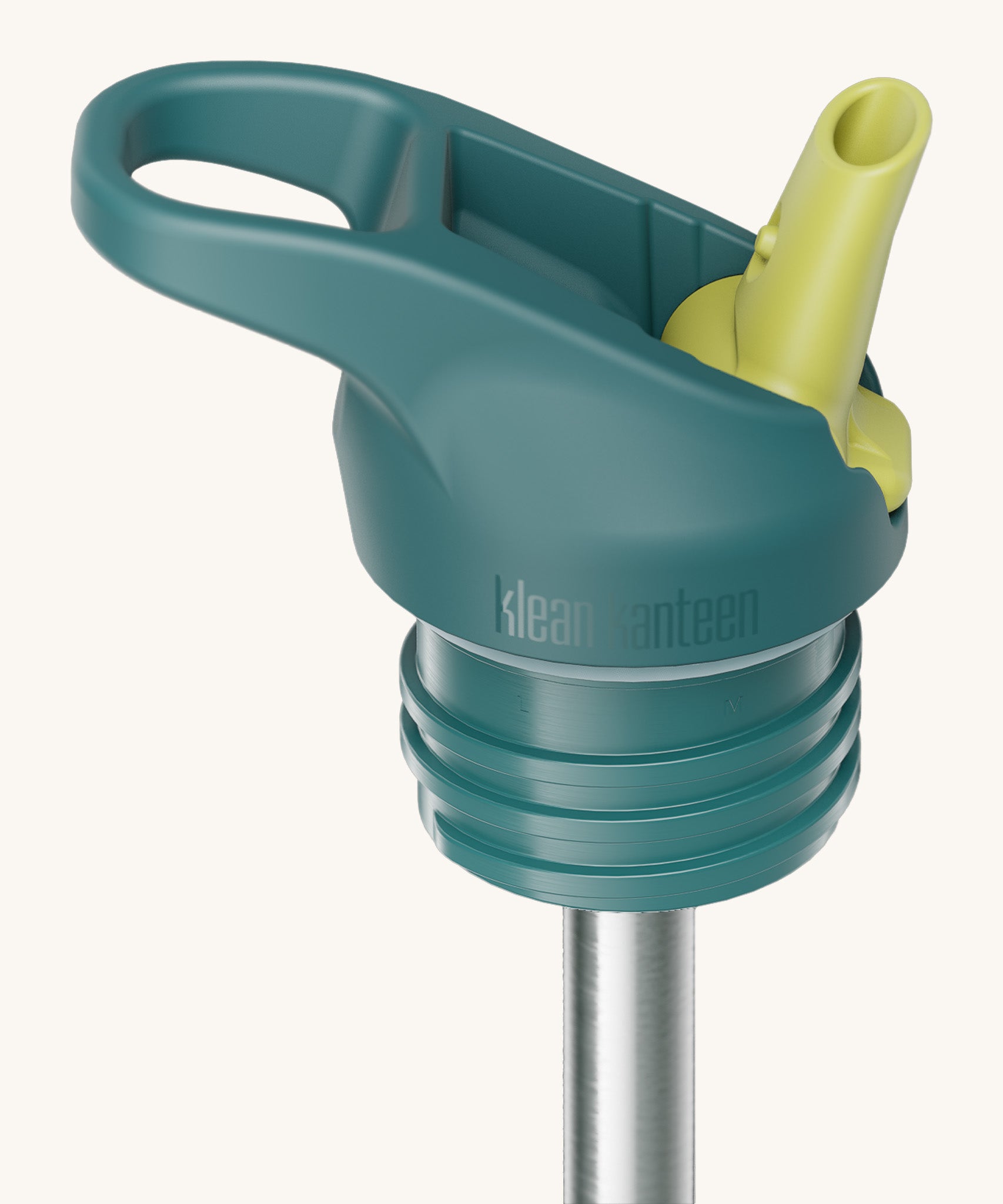 A close up of the Klean Kanteen green and blue flip sports straw cap for the rise insulated bottle showing the turquoise spout and small loop detail. 