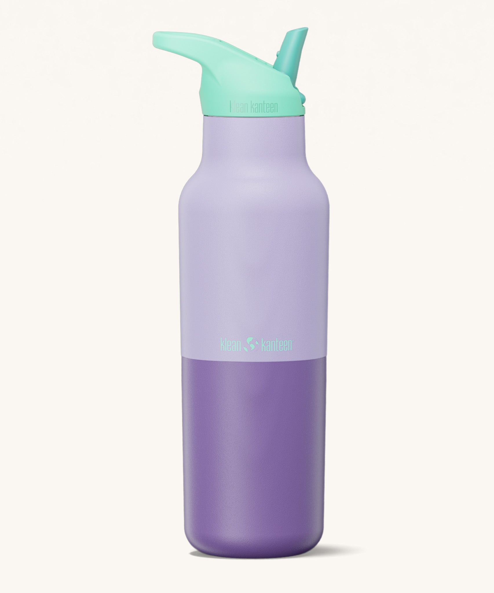 Klean Kanteen 16oz rise insulated classic with sports cap in orchid kaleidoscope available at Babipur. A reusable stainless steel bottle in light and dark purple colour with a turquoise flip sports cap. 