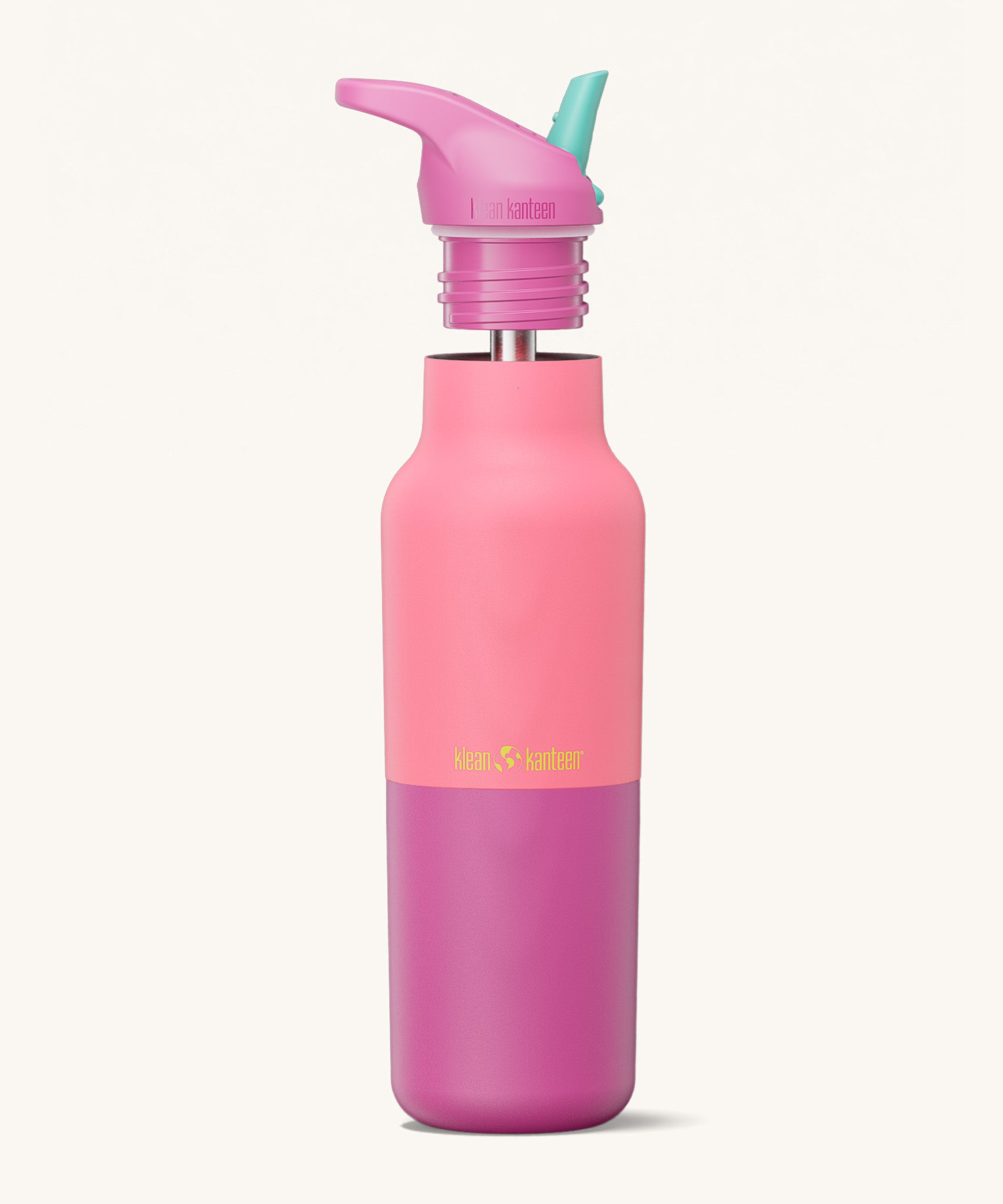 Klean Kanteen 16oz rise insulated classic with sports cap in pink lemonade kaleidoscope. A reusable stainless steel bottle in light and dark pink colour. Comes with a matching flip sports straw cap 