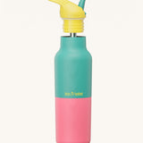 Klean Kanteen 16oz rise insulated classic with sports cap in turquoise kaleidoscope. A reusable stainless steel bottle in turquoise and pink colour. Comes with a flip sports straw cap in yellow and turquoise. 