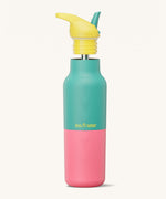 Klean Kanteen 16oz rise insulated classic with sports cap in turquoise kaleidoscope. A reusable stainless steel bottle in turquoise and pink colour. Comes with a flip sports straw cap in yellow and turquoise. 
