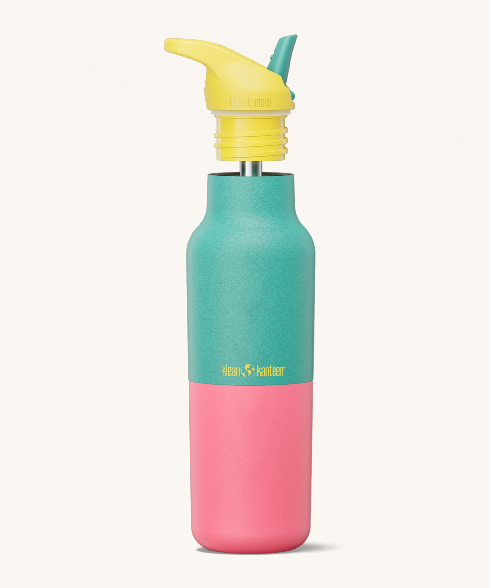 Klean Kanteen 16oz rise insulated classic with sports cap in turquoise kaleidoscope. A reusable stainless steel bottle in turquoise and pink colour. Comes with a flip sports straw cap in yellow and turquoise. 