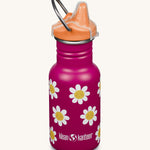 A Kid Kanteen 12oz Narrow Sippy reusable stainless steel water Bottle. The bottle is deep pink with a cute happy daisies flower print, the sippy lid is orange.