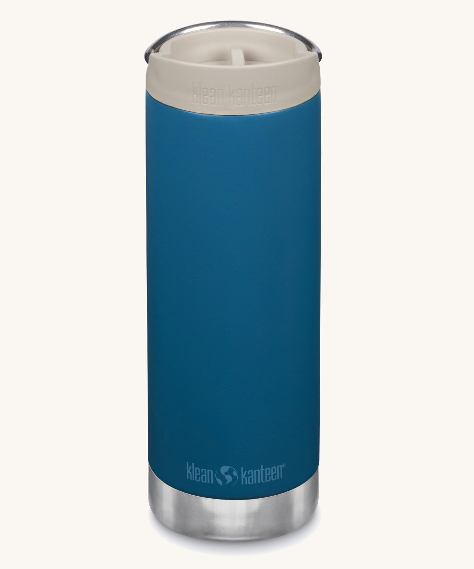 A Klean Kanteen 16oz TKWide in Corsair Blue colour with taupe Cafe cap on a plain background. 