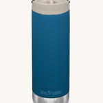 A Klean Kanteen 16oz TKWide in Corsair Blue colour with taupe Cafe cap on a plain background. 