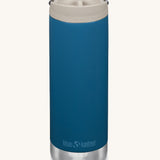 A Klean Kanteen 16oz TKWide in Corsair Blue colour with taupe Cafe cap on a plain background. 