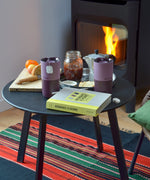 Pair of Klean Kanteen dusty orchid 16oz stainless steel rise tumblers standing on a table next to breakfast items