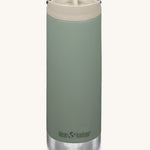 A Klean Kanteen 16oz TKWide in Sea Spray green colour with taupe Cafe cap on a plain background. 