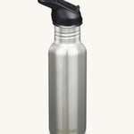 A Klean Kanteen 18oz Classic Narrow Leakproof Flip Seal Sports Cap Reusable Stainless Steel Water Bottle in brushed steel with a black coloured lid.  