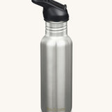 A Klean Kanteen 18oz Classic Narrow Leakproof Flip Seal Sports Cap Reusable Stainless Steel Water Bottle in brushed steel with a black coloured lid.  