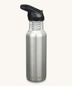 A Klean Kanteen 18oz Classic Narrow Leakproof Flip Seal Sports Cap Reusable Stainless Steel Water Bottle in brushed steel with a black coloured lid.  