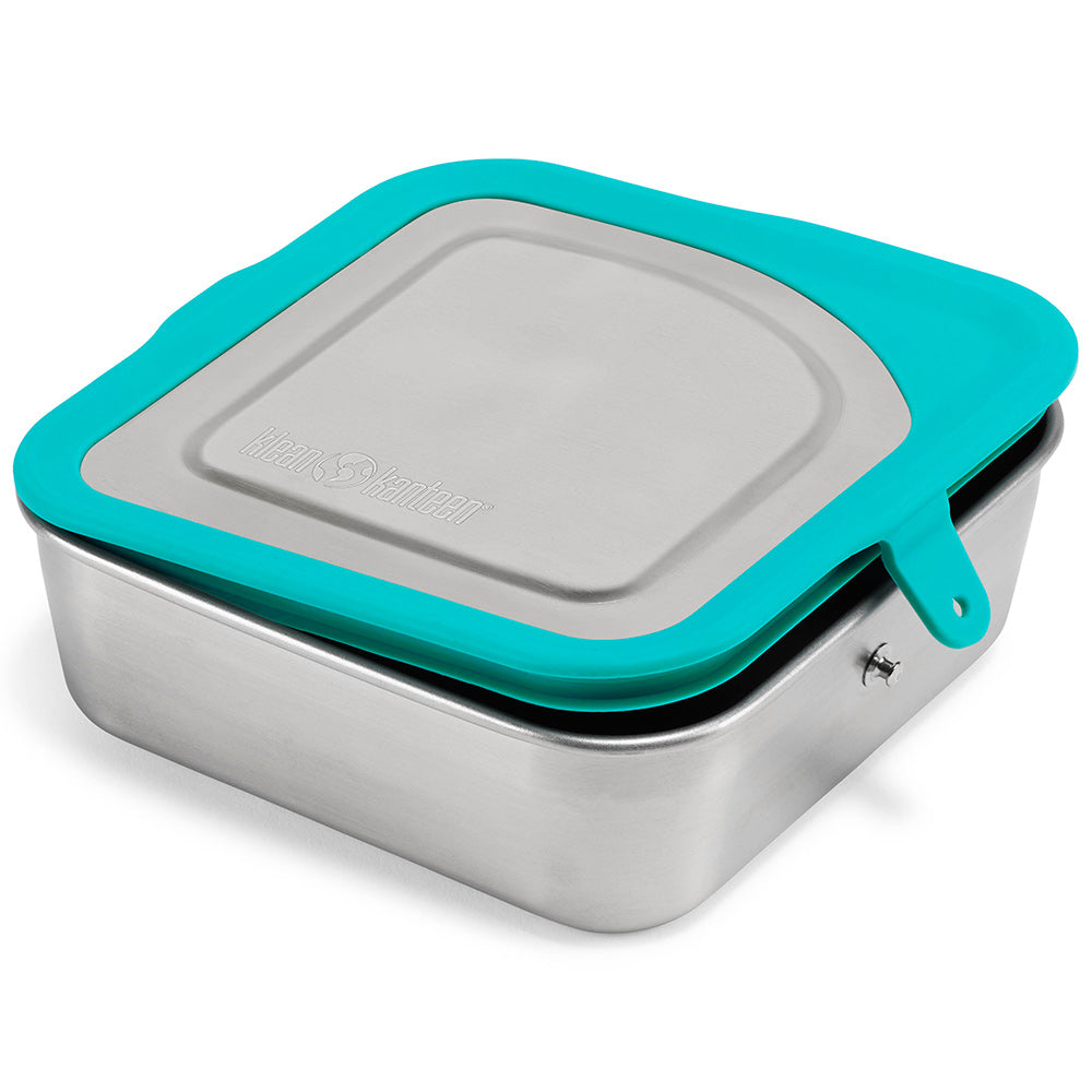 Klean Kanteen 20oz food box with lid slightly opened on a white background