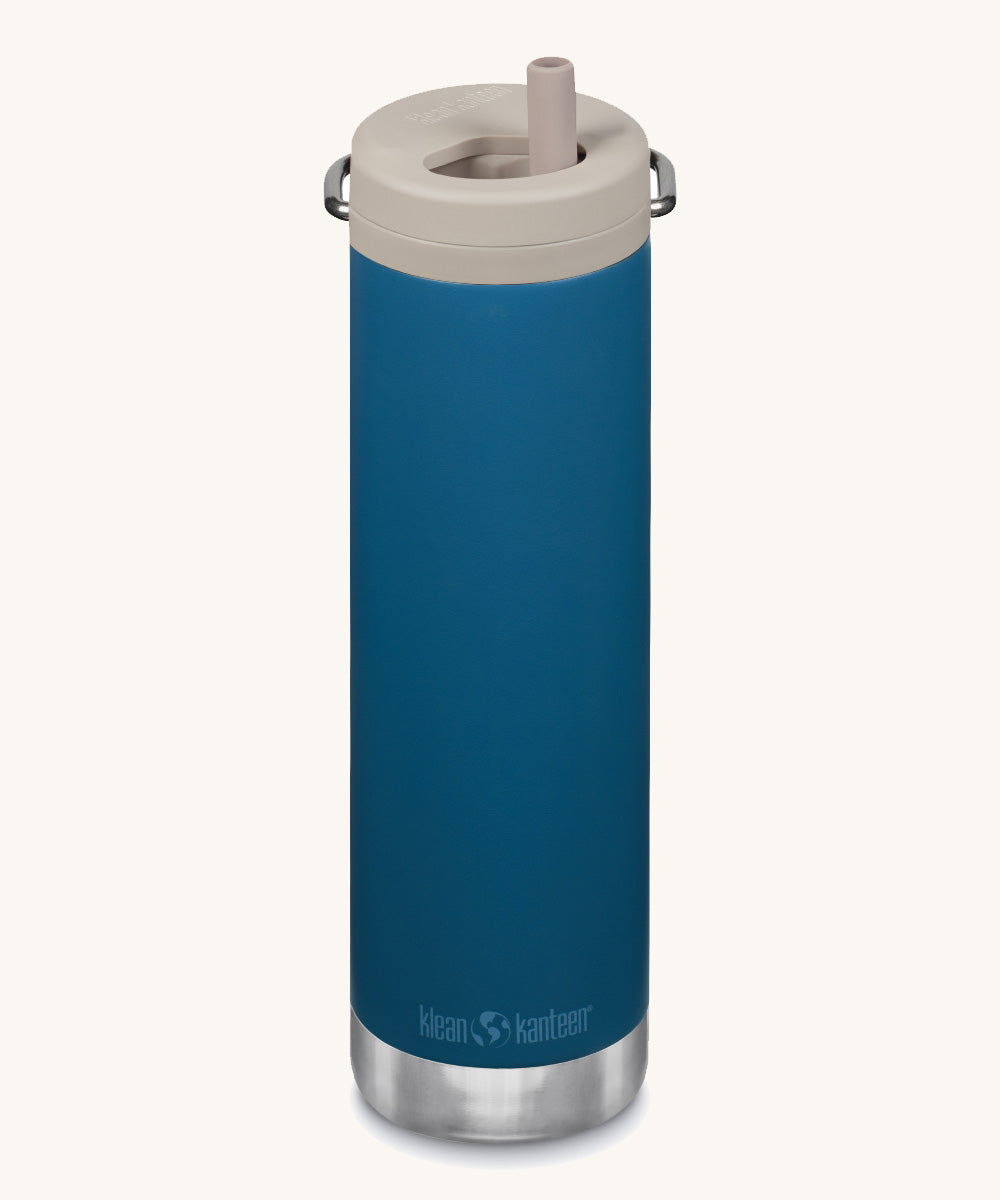 A Klean Kanteen 20oz TKWide in cosair blue with 
 a taupe Twist Cap on a plain background. 
