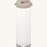 A Klean Kanteen 20oz TKWide in tofu white with 
 a taupe Twist Cap on a plain background. 