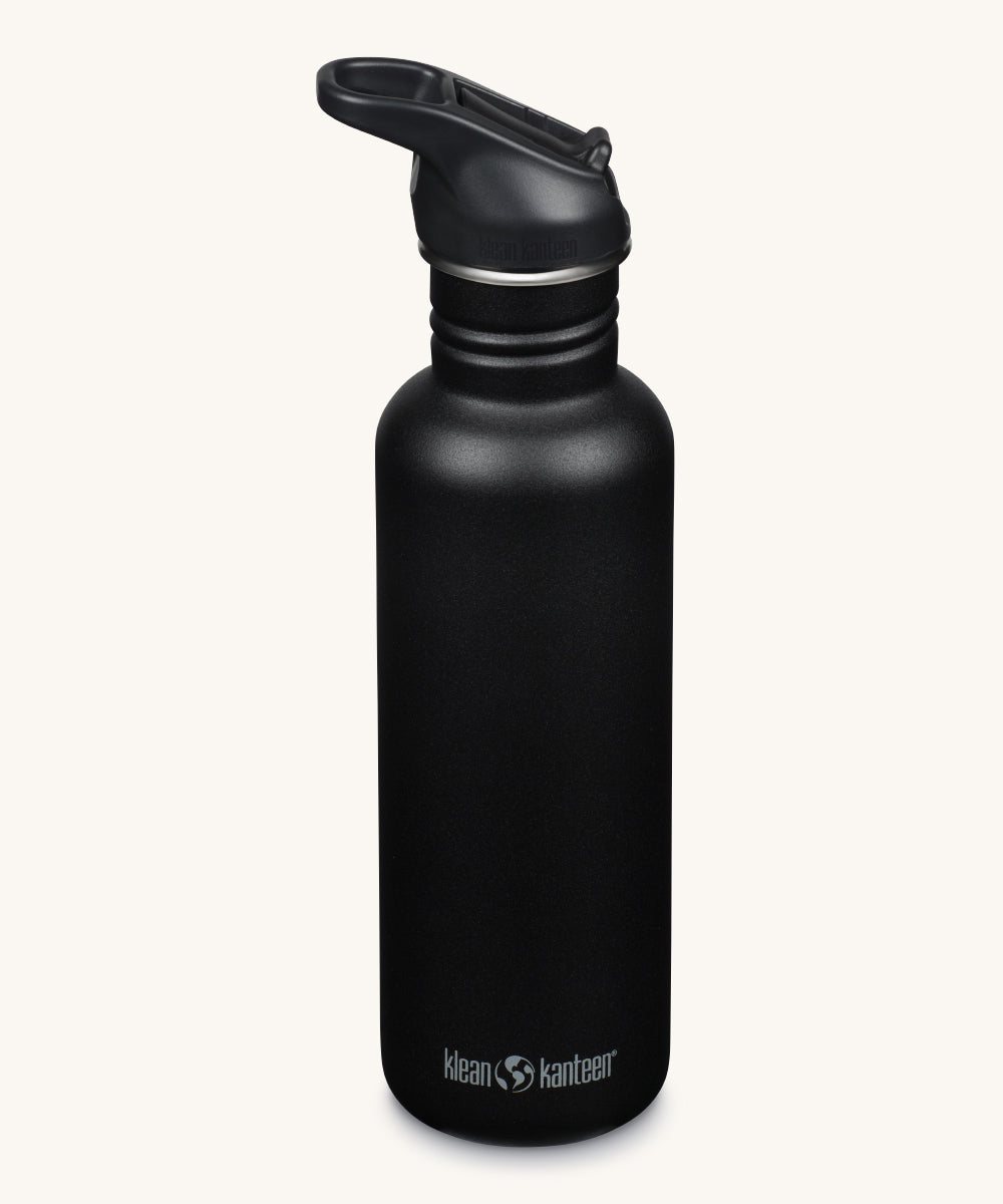 A black coloured Klean Kanteen 27oz Classic Narrow Flip Seal Sports Cap Reusable Stainless Steel Water Bottle.