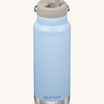 A Klean Kanteen 32oz clear sky coloured TKWide with taupe coloured Twist Straw Cap on a plain background.