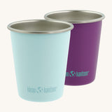 Set of 2 Klean Kanteen stainless steel 10oz kid cups in light blue and purple - plastic-free durable tumblers made from post consumer steel, for sale at Babipur.