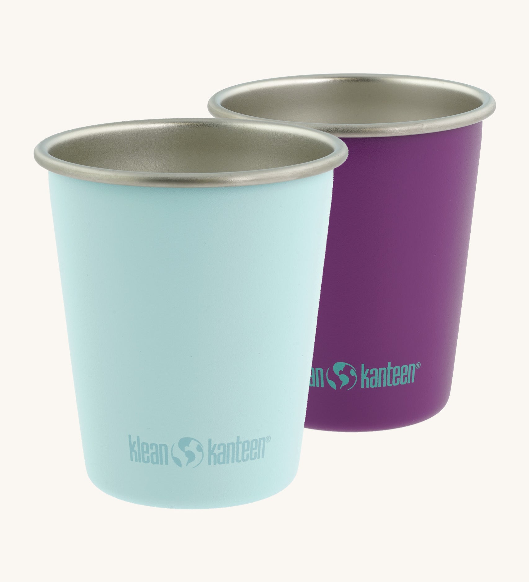 Set of 2 Klean Kanteen stainless steel 10oz kid cups in light blue and purple - plastic-free durable tumblers made from post consumer steel, for sale at Babipur.