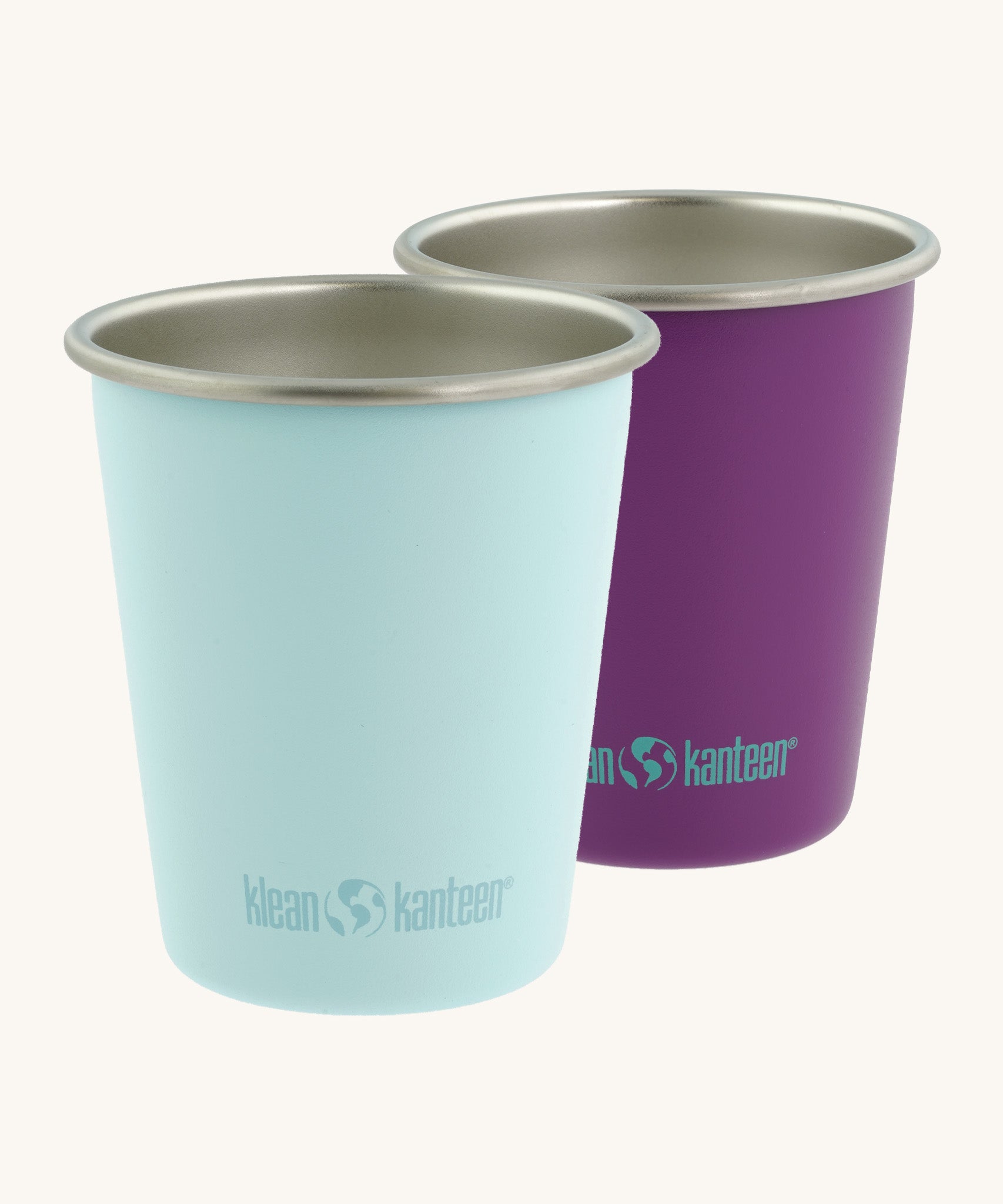 Set of 2 Klean Kanteen stainless steel 10oz kid cups in light blue and purple - plastic-free durable tumblers made from post consumer steel, for sale at Babipur.