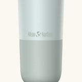 Klean Kanteen 16oz tumbler with slide lid in barely blue. A stainless steel tumbler in a white blue finish 
