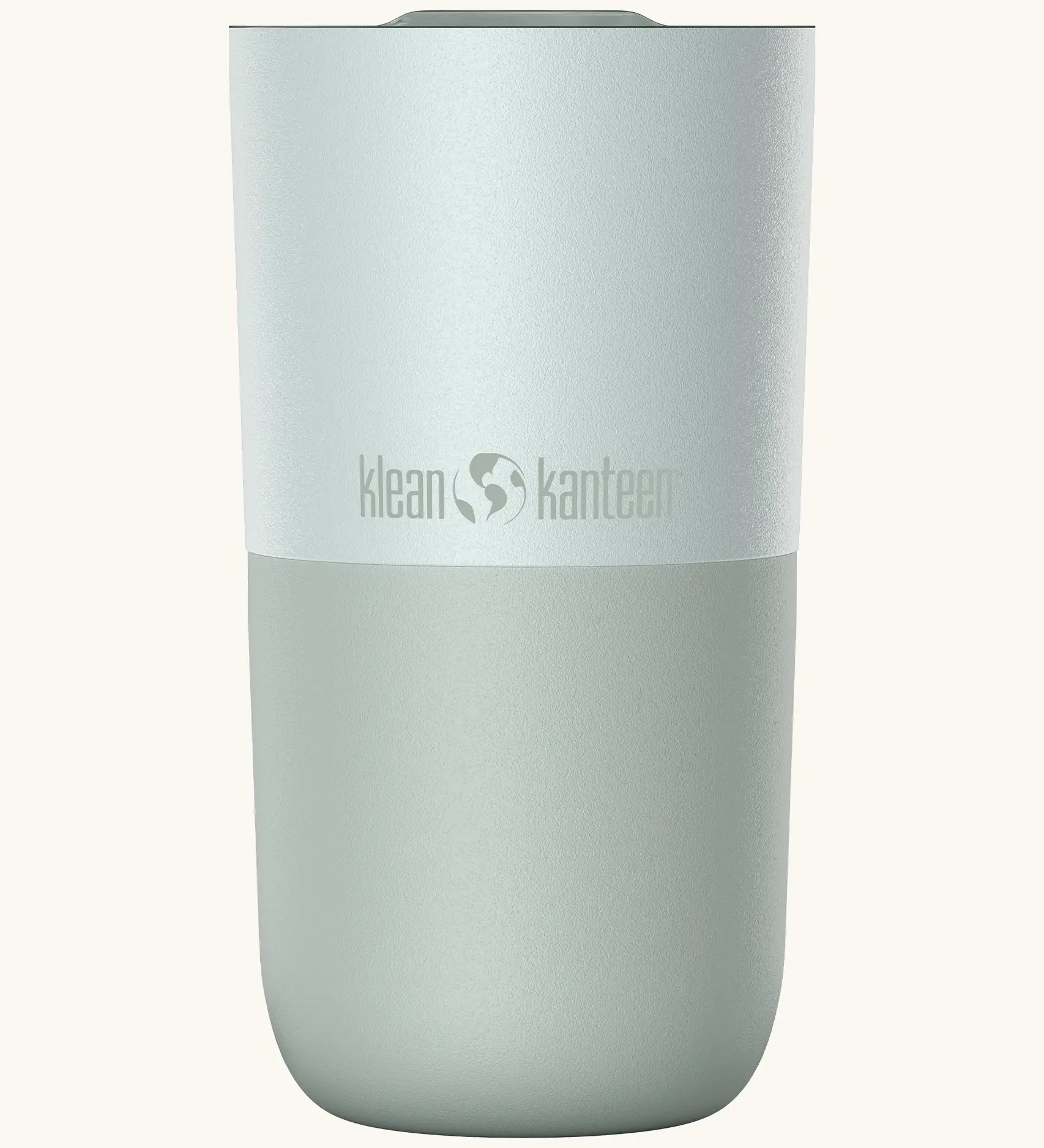 Klean Kanteen 16oz tumbler with slide lid in barely blue. A stainless steel tumbler in a white blue finish 