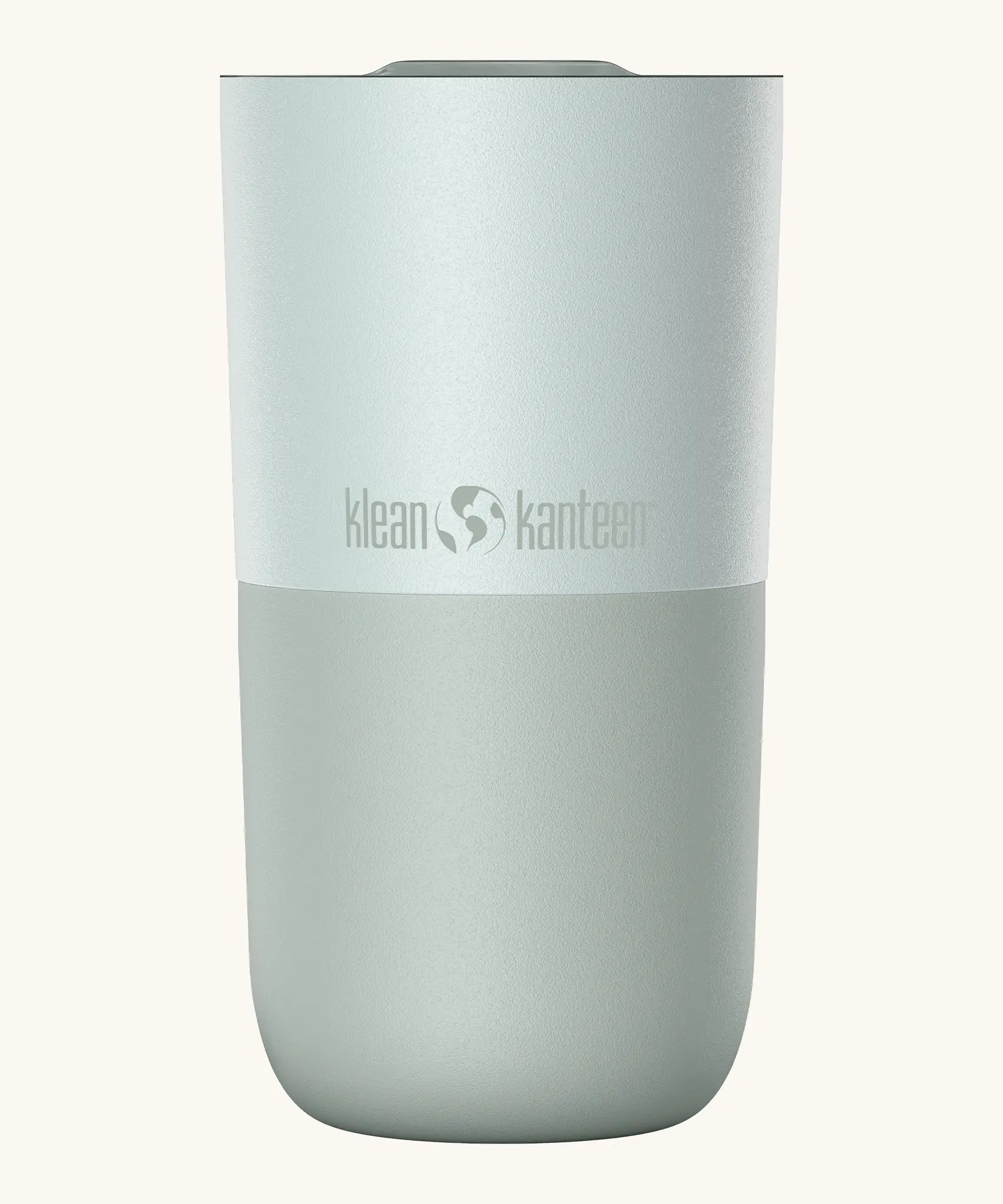 Klean Kanteen 16oz tumbler with slide lid in barely blue. A stainless steel tumbler in a white blue finish 