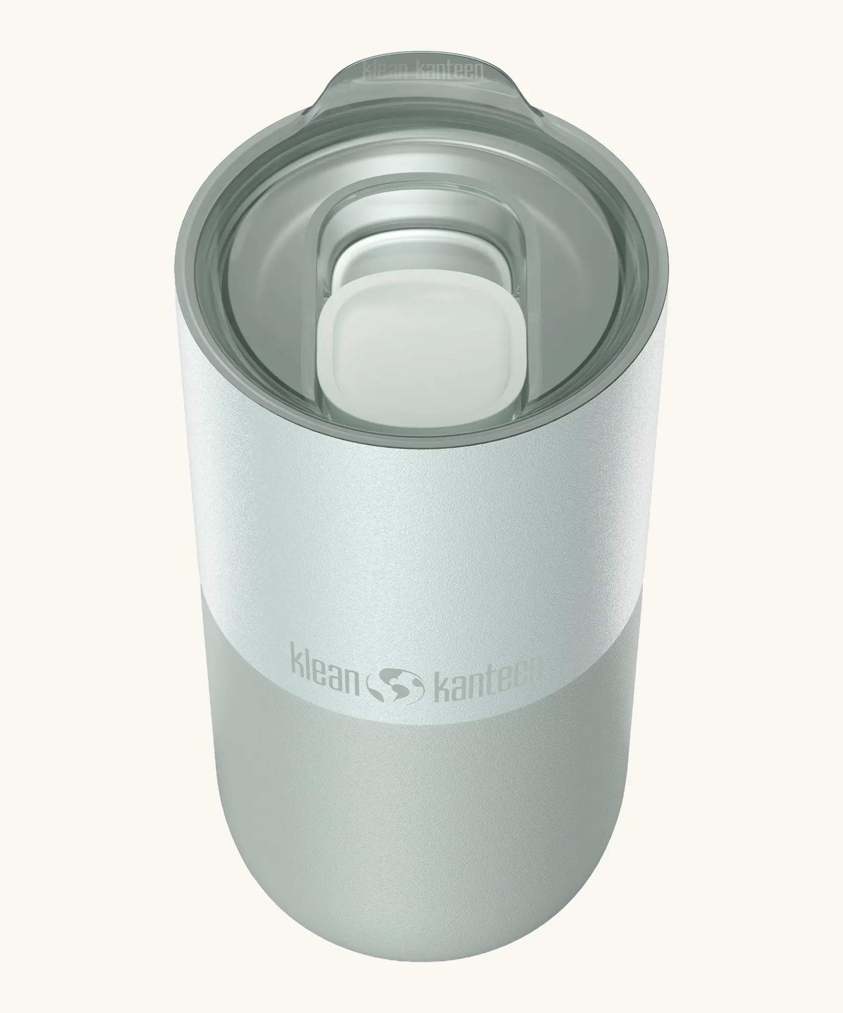 Klean Kanteen 16oz tumbler in barely blue showing a matching splash proof slide lid on top