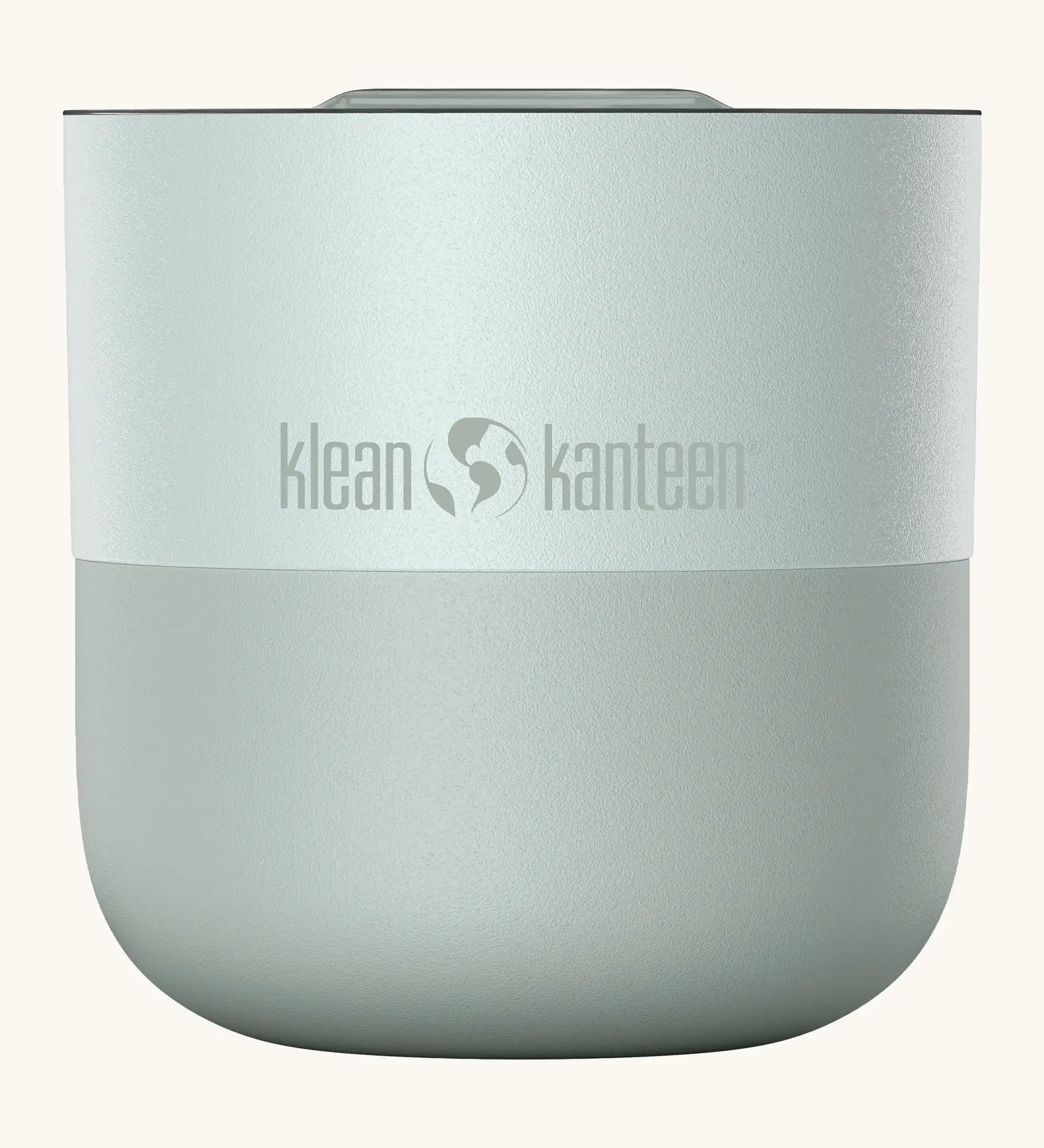 Klean Kanteen 8oz lowball tumbler with slide lid in barely blue. A stainless steel tumbler in a white blue finish 