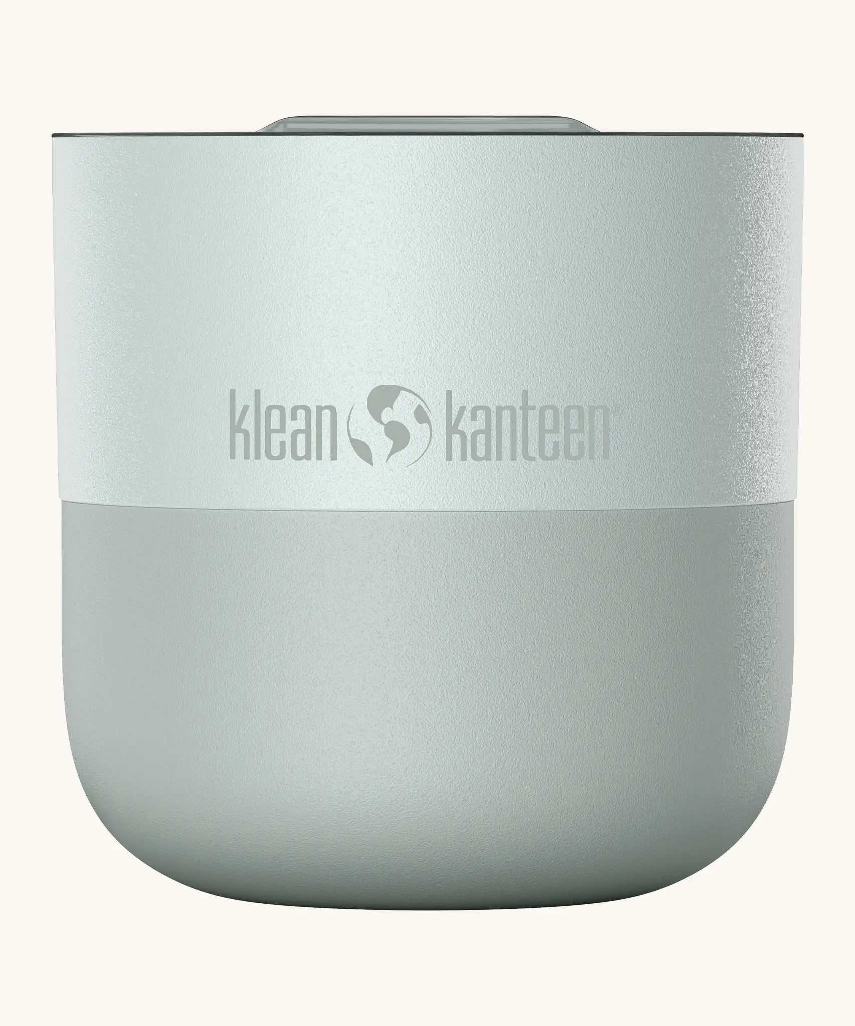 Klean Kanteen 8oz lowball tumbler with slide lid in barely blue. A stainless steel tumbler in a white blue finish 