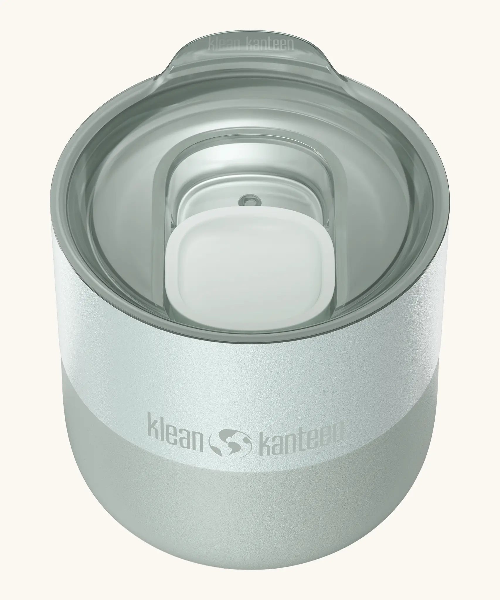 Klean Kanteen 8oz lowball tumbler in barely blue showing a matching splash proof slide lid on top