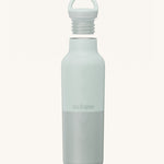 A Klean Kanteen 20oz rise insulated Reusable Stainless Steel Water Bottle in a barely blue colour that's split in a light and dark shade. Features a matching loop cap with a thread and handle for easy carrying