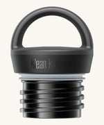 A close up of the Klean Kanteen black loop cap that fits on the 20oz classic rise bottle available at Babipur showing the thread and loop detail