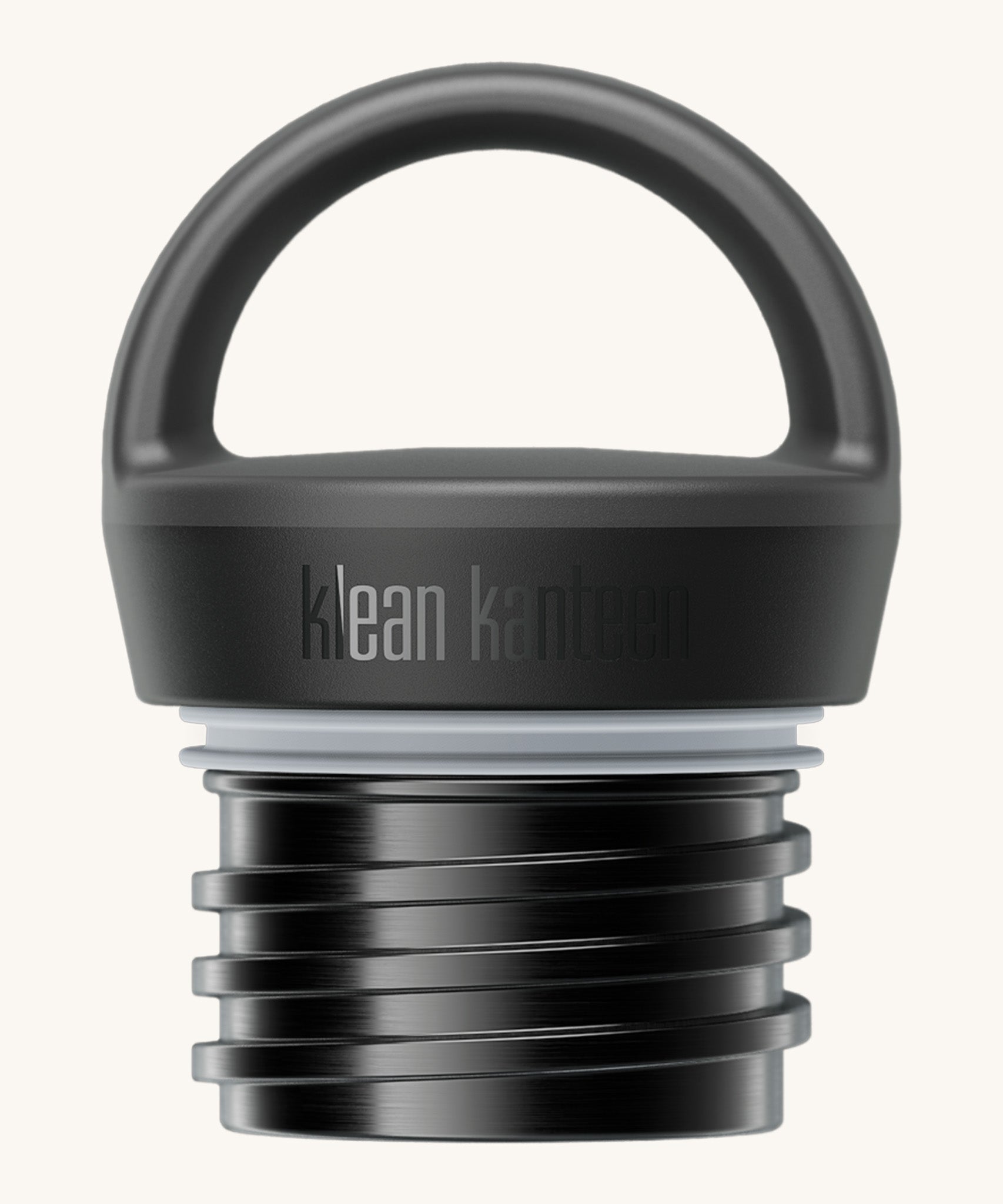 A close up of the Klean Kanteen black loop cap that fits on the 20oz classic rise bottle available at Babipur showing the thread and loop detail