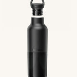 A Klean Kanteen 20oz rise insulated Reusable Stainless Steel Water Bottle with loop cap in a black colour that's split in a light and dark shade. Features a matching loop cap with a thread and handle for easy carrying