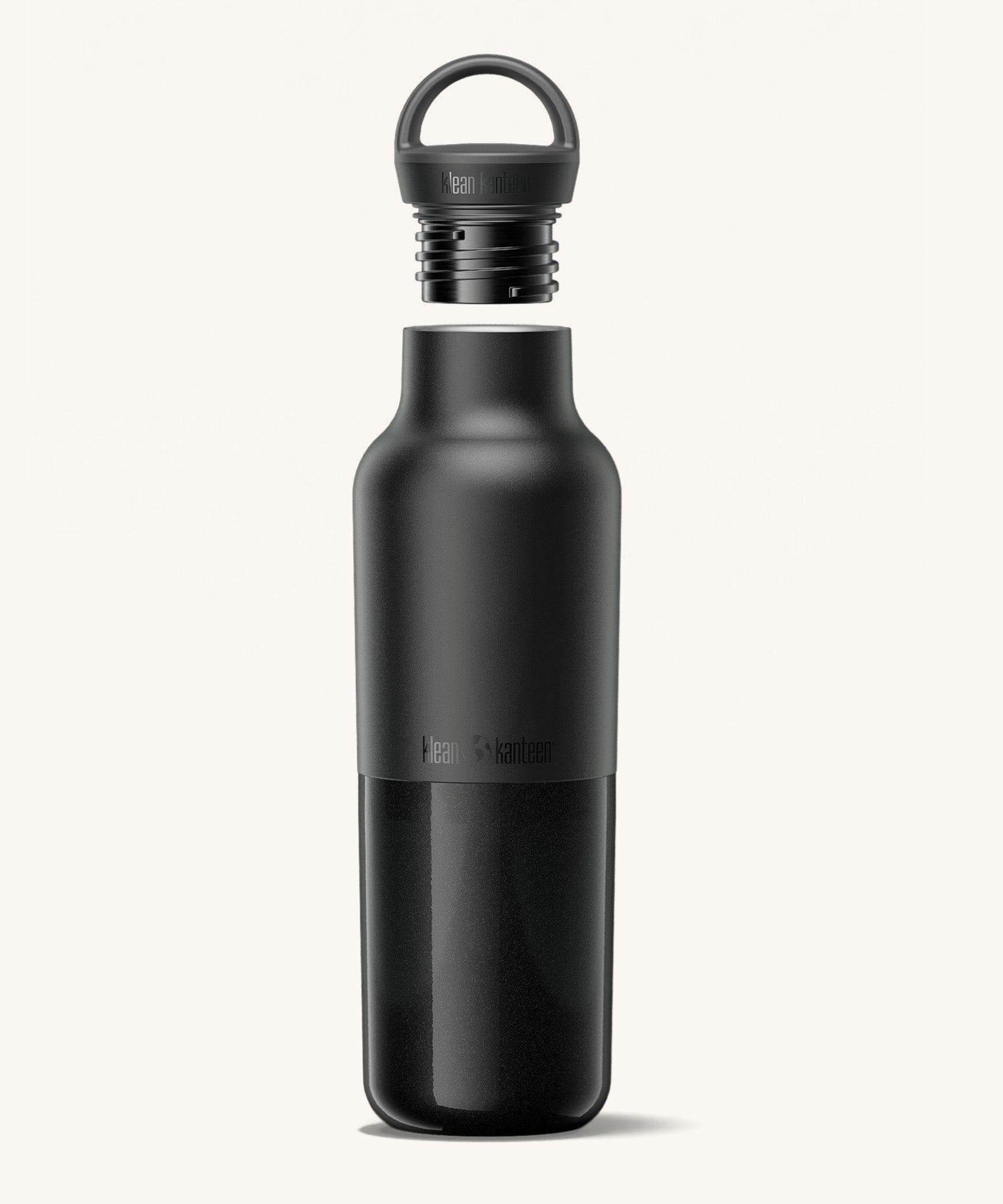 A Klean Kanteen 20oz rise insulated Reusable Stainless Steel Water Bottle with loop cap in a black colour that's split in a light and dark shade. Features a matching loop cap with a thread and handle for easy carrying