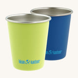 Pair of Klean Kanteen stainless steel 10oz kid cups in green and blue colours - plastic-free durable tumblers made from post consumer steel, available to buy at Babipur.