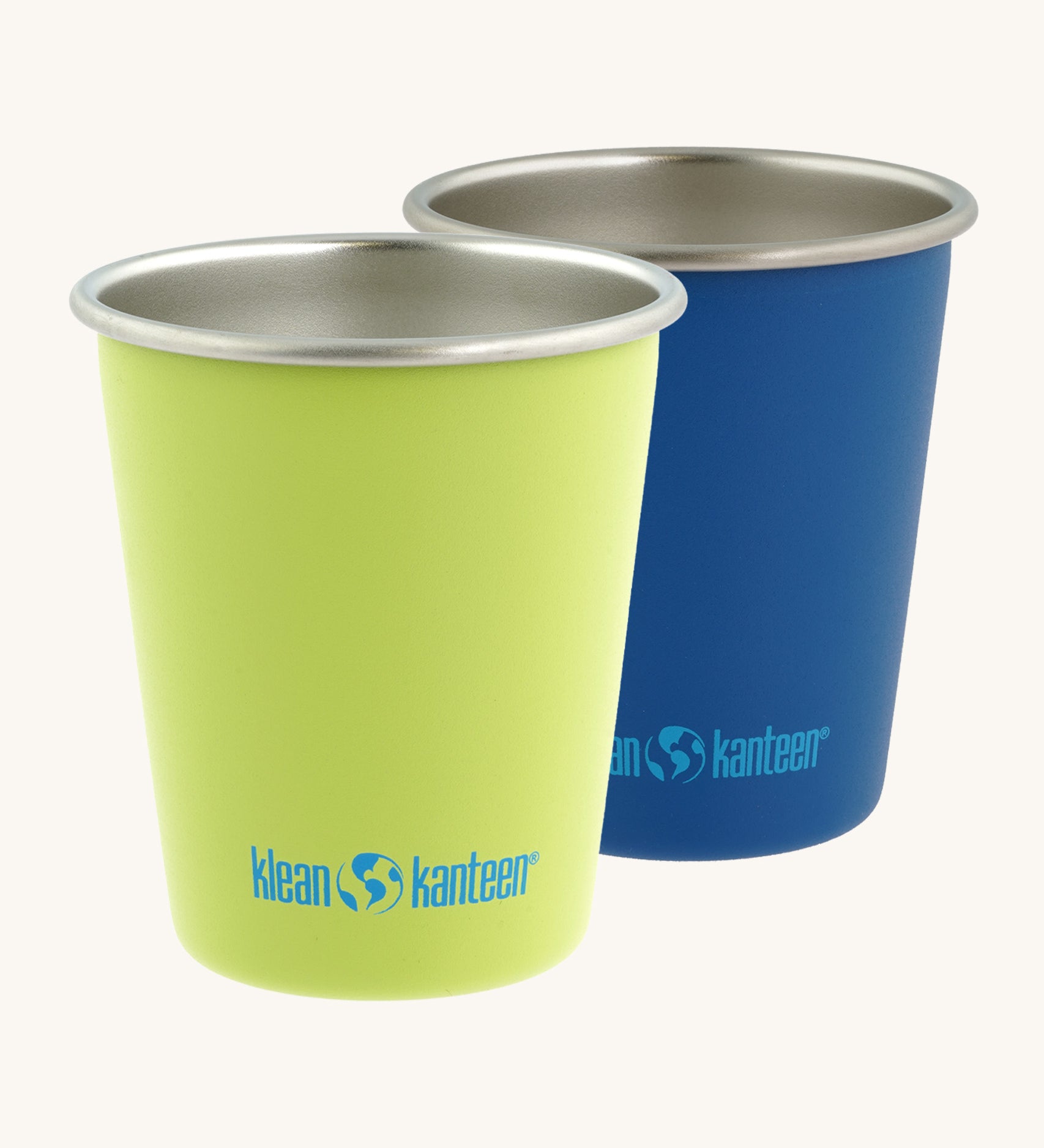 Pair of Klean Kanteen stainless steel 10oz kid cups in green and blue colours - plastic-free durable tumblers made from post consumer steel, available to buy at Babipur.