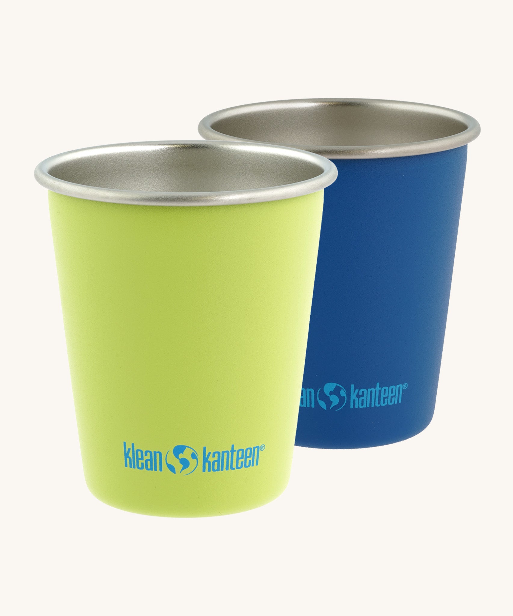 Pair of Klean Kanteen stainless steel 10oz kid cups in green and blue colours - plastic-free durable tumblers made from post consumer steel, available to buy at Babipur.