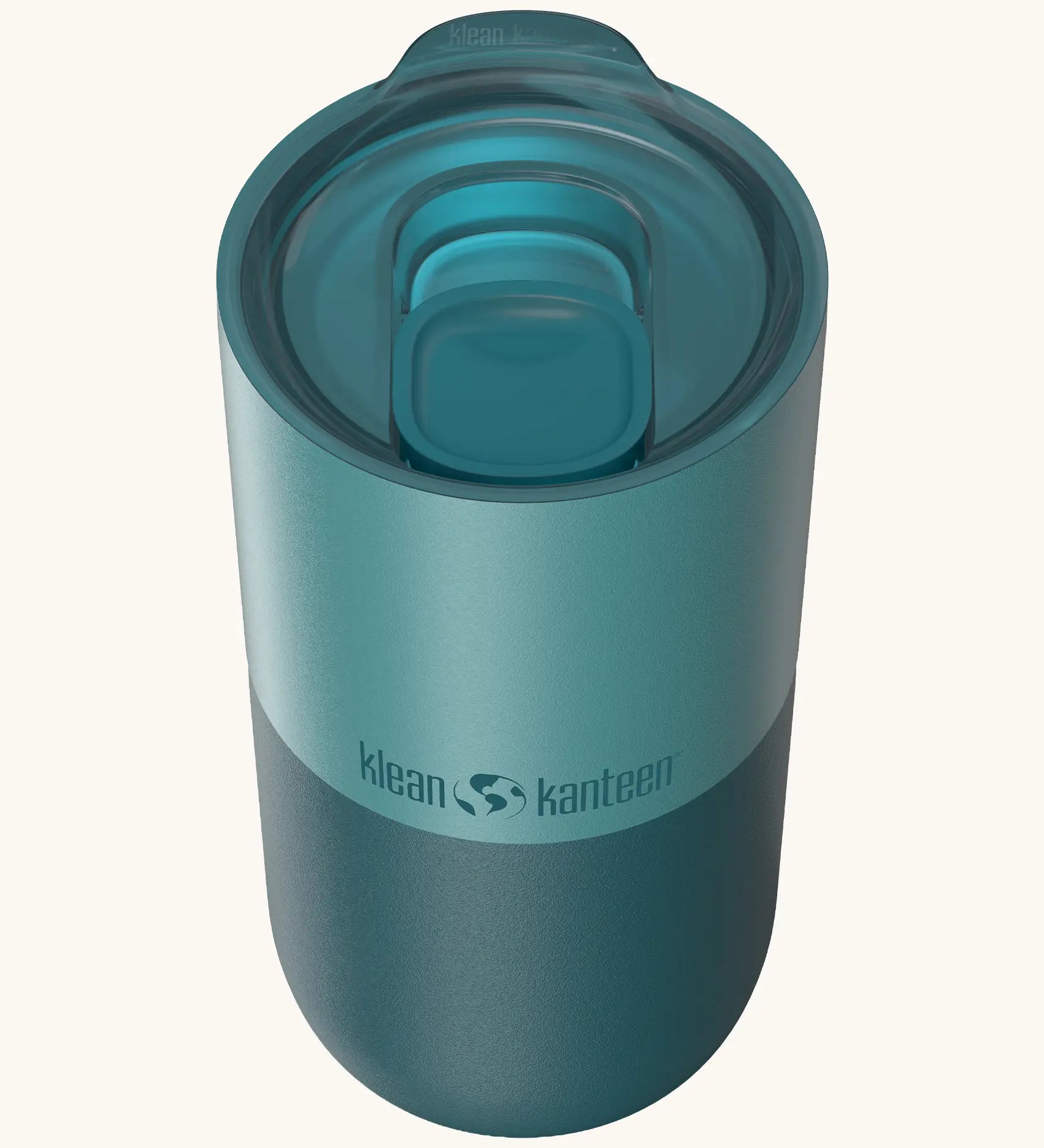Klean Kanteen 16oz tumbler in Brittany blue showing a matching splash proof slide lid on top